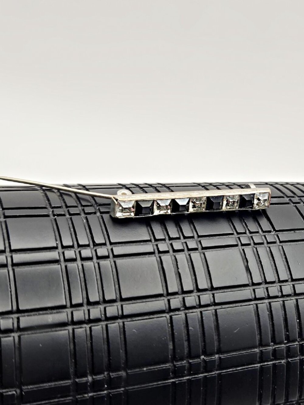 Vintage 1950s Black and Clear Glass Bar Pin Art Deco Style Rhinestone Brooch